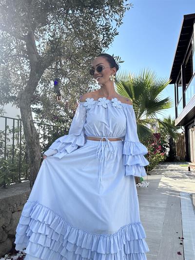 Bebe Mavisi Çıkabilen Çiçek Broşlu Etek Bluz Takım