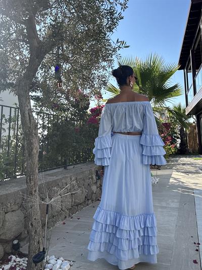 Bebe Mavisi Çıkabilen Çiçek Broşlu Etek Bluz Takım