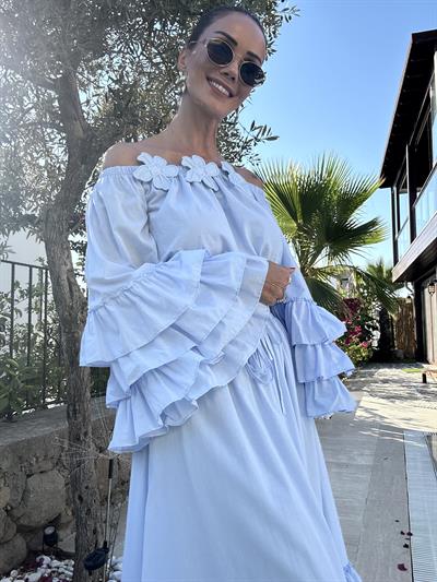 Bebe Mavisi Çıkabilen Çiçek Broşlu Etek Bluz Takım