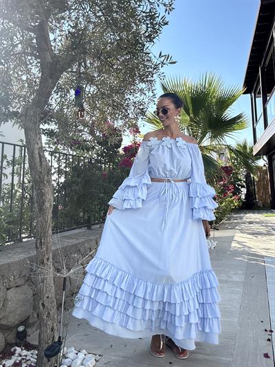 Bebe Mavisi Çıkabilen Çiçek Broşlu Etek Bluz Takım