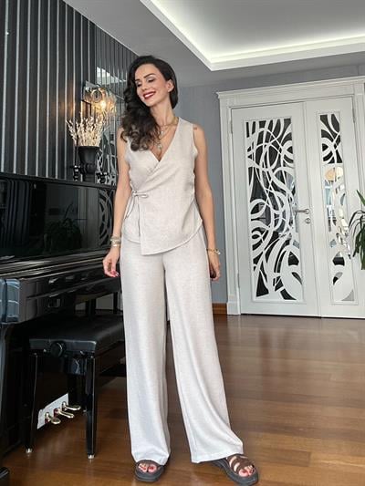 Bej Keten Pantolon Anvelop Yelek Takım 