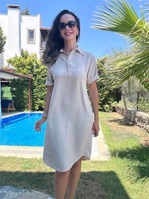 Bej Polo Yaka Midi Elbise
