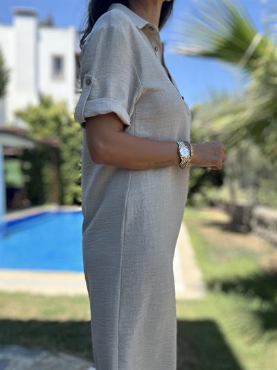 Bej Polo Yaka Midi Elbise
