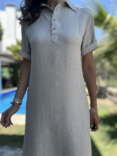 Bej Polo Yaka Midi Elbise