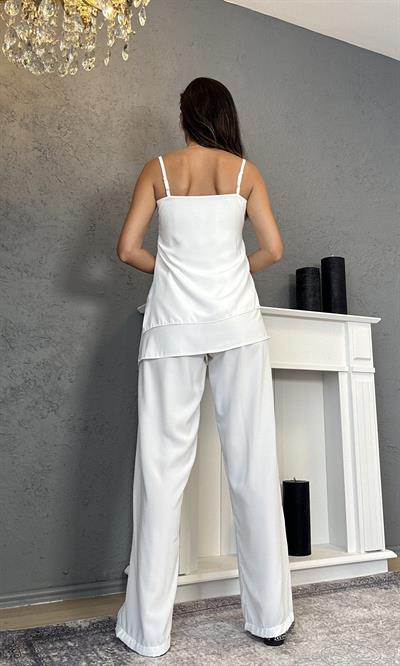 Beyaz Askılı Uzun Bluz Pantolon Takım