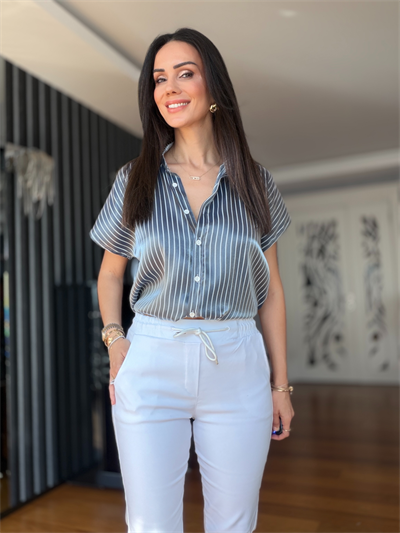 Beyaz Beli Lastikli Duble Paça Likralı  Pantolon