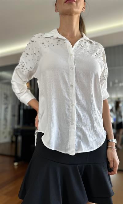 Beyaz İnci Ve Taş Süslemeli Gömlek