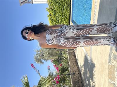 Beyaz Üzeri Kahverengi Desenli  Straplez  Tulum