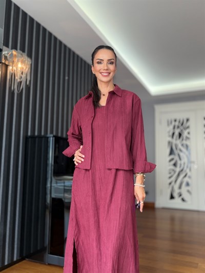 Bordo Askılı Elbise Gömlek Takım