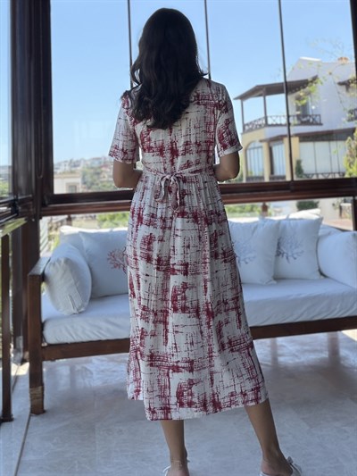 Bordo Bağlama Detaylı Kısa Kollu Elbise