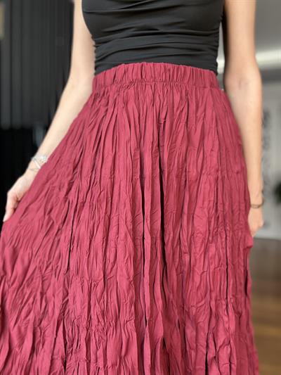 Bordo Beli Lastikli Crush Etek