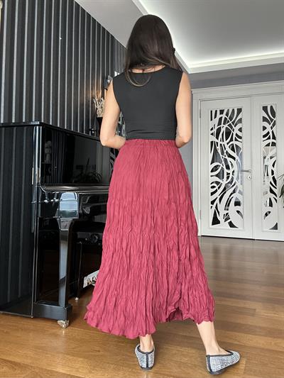 Bordo Beli Lastikli Crush Etek