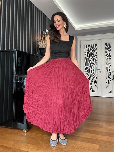 Bordo Beli Lastikli Crush Etek