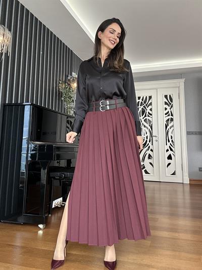 Bordo Çift Kemerli Yırtmaçlı Piliseli Uzun Etek