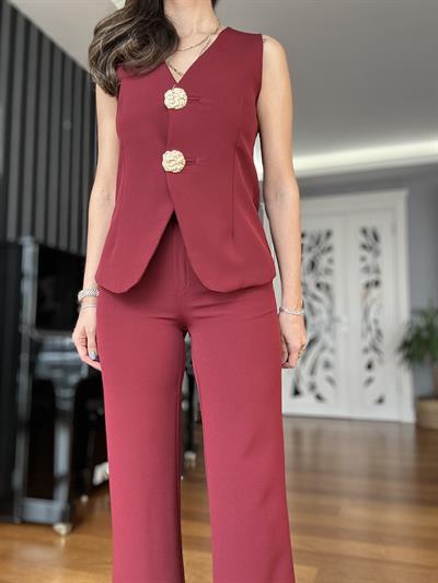 Bordo Crop Pantolon Yelek Takım 