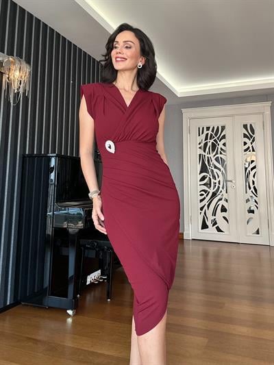 Bordo Damla Broşlu Anvelop  Elbise
