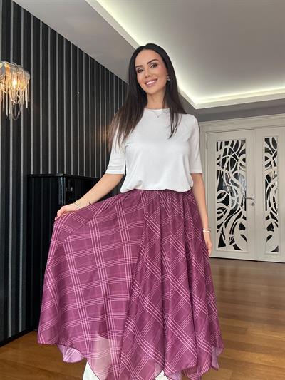 Bordo Eteği Asimetrik Beli Lastikli Şifon Etek
