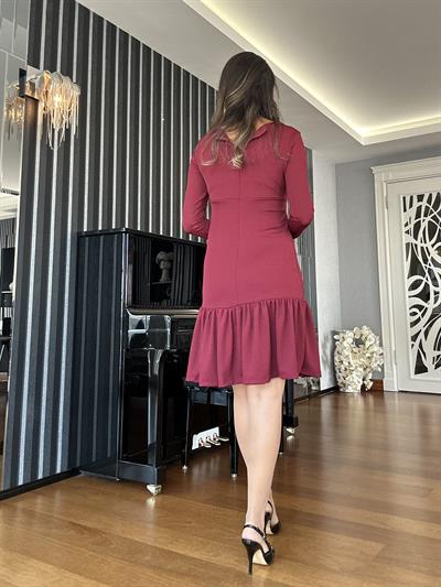 Bordo Eteği Büzgülü Elbise