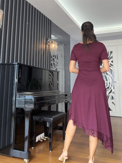 Bordo Etek Ucu Asimetrik Dantel Modal Elbise