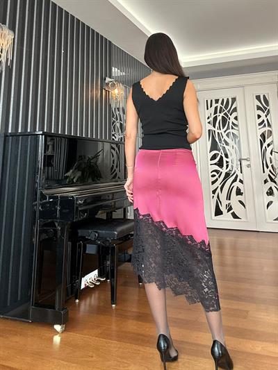 Bordo Etek Ucu Dantel Asimetrik Etek