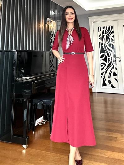Bordo Fularlı Kemerli Elbise