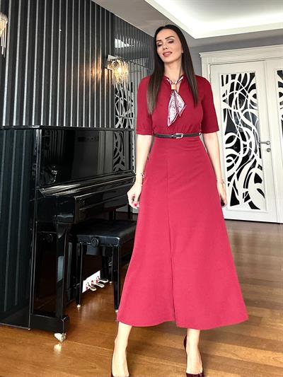 Bordo Fularlı Kemerli Elbise