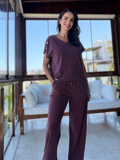 Bordo Gold Detaylı Tensel Bluz  Pantolon Takım