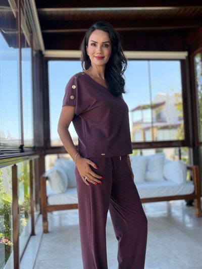 Bordo Gold Detaylı Tensel Bluz  Pantolon Takım