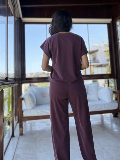 Bordo Gold Detaylı Tensel Bluz  Pantolon Takım