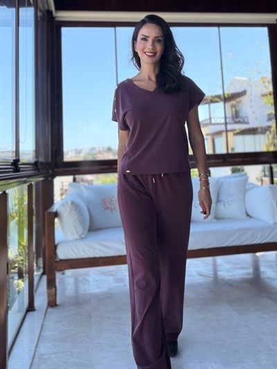 Bordo Gold Detaylı Tensel Bluz  Pantolon Takım