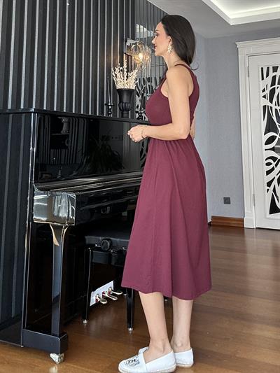Bordo Halter Kesim Midi Elbise