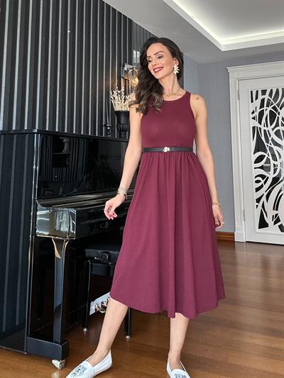 Bordo Halter Kesim Midi Elbise