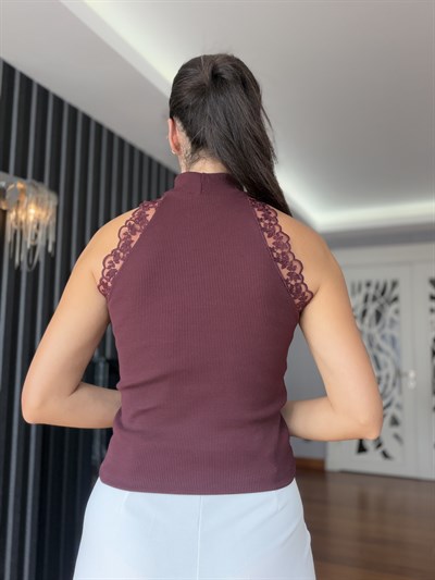Bordo Halter Yaka Güpürlü Bluz