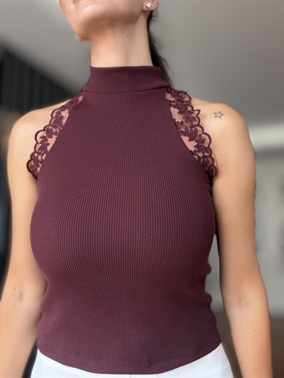 Bordo Halter Yaka Güpürlü Bluz