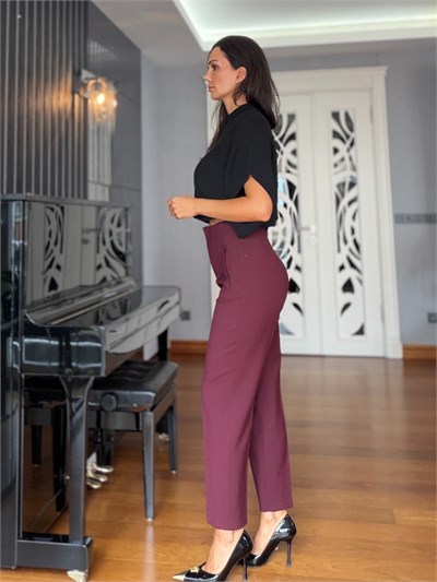 Bordo Havuç Kesim Önü Flotalı Pantolon