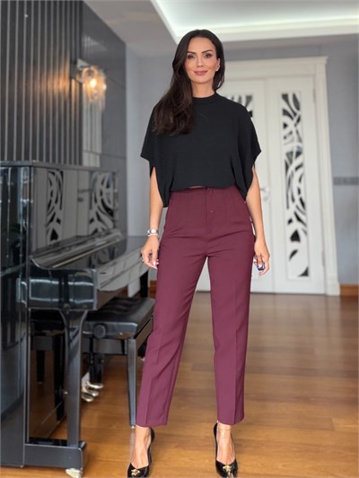 Bordo Havuç Kesim Önü Flotalı Pantolon