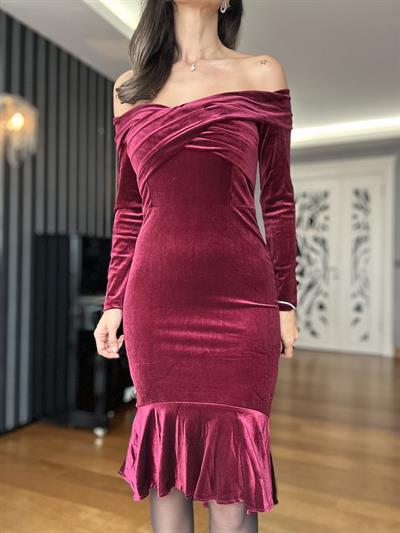 Bordo Kadife Omuz Dekolteli Eteği Volanlı  Elbise