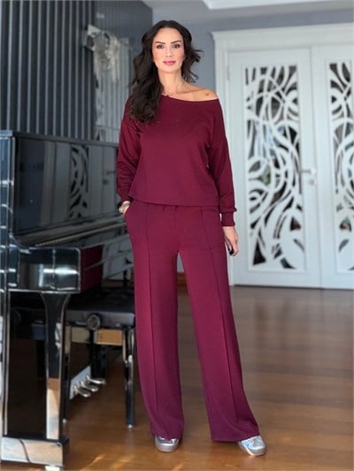 Bordo Kayık Yaka Bluz Çımalı Pantolon Takım