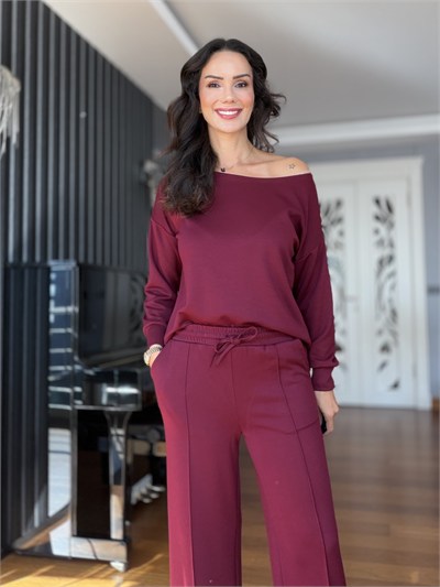 Bordo Kayık Yaka Bluz Çımalı Pantolon Takım