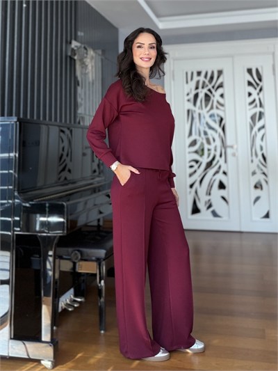 Bordo Kayık Yaka Bluz Çımalı Pantolon Takım