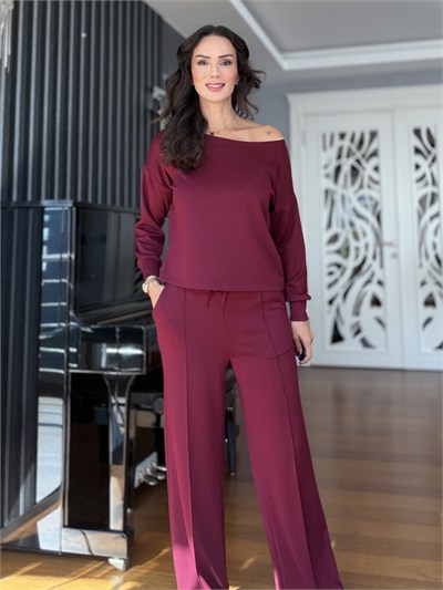 Bordo Kayık Yaka Bluz Çımalı Pantolon Takım