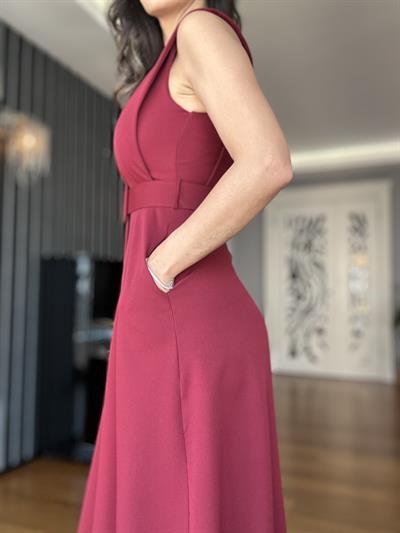 Bordo Kemerli Cepli Tasarım Midi Elbise