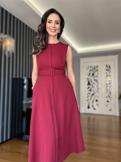 Bordo Kemerli Cepli Tasarım Midi Elbise