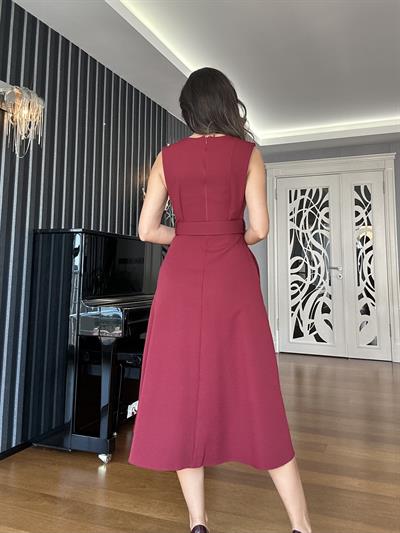 Bordo Kemerli Cepli Tasarım Midi Elbise
