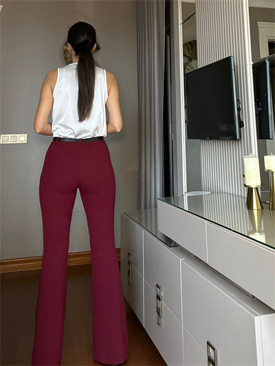 Bordo Kemerli İspanyol Paça Pantolon