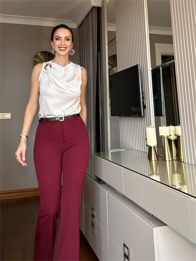 Bordo Kemerli İspanyol Paça Pantolon