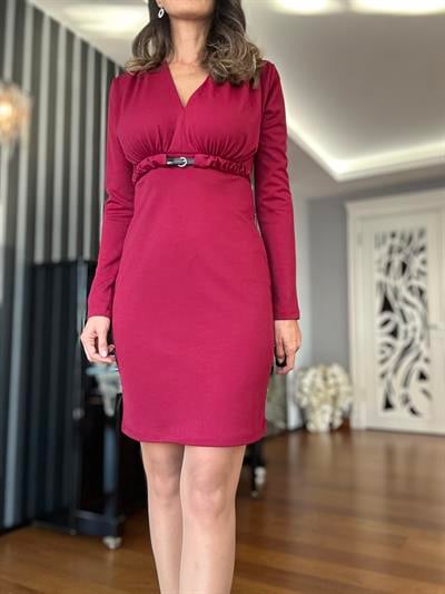 Bordo Kemerli Tasarım Elbise