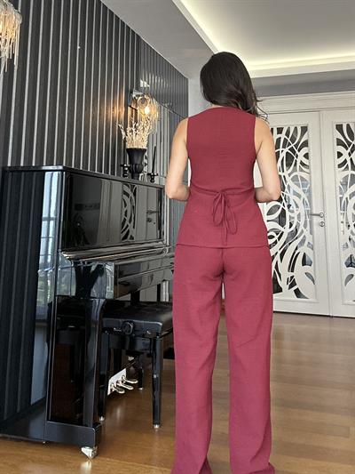 Bordo Keten Yelek Pantolon Takım 