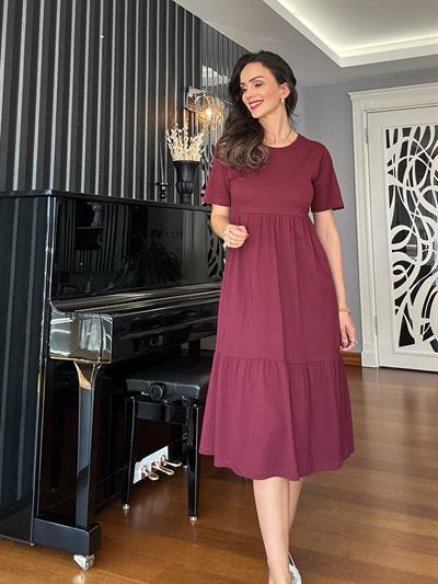 Bordo Kısa Kollu Eteği Katlı Dikişli Elbise