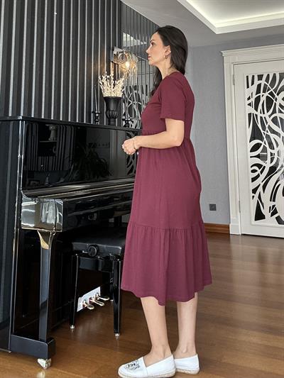 Bordo Kısa Kollu Eteği Katlı Dikişli Elbise